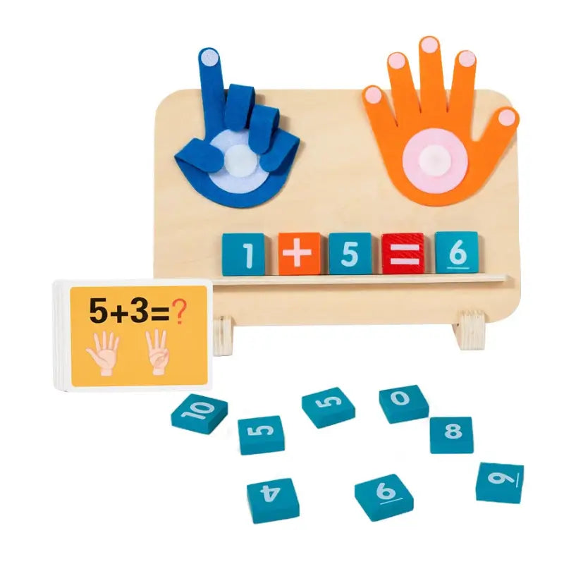 Wooden math counting board with colorful hand shapes, number blocks, and flashcards for educational play.