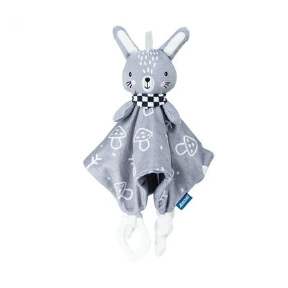 Plush bunny comforter in gray with mushroom patterns, featuring a soft body and floppy ears, ideal for babies.