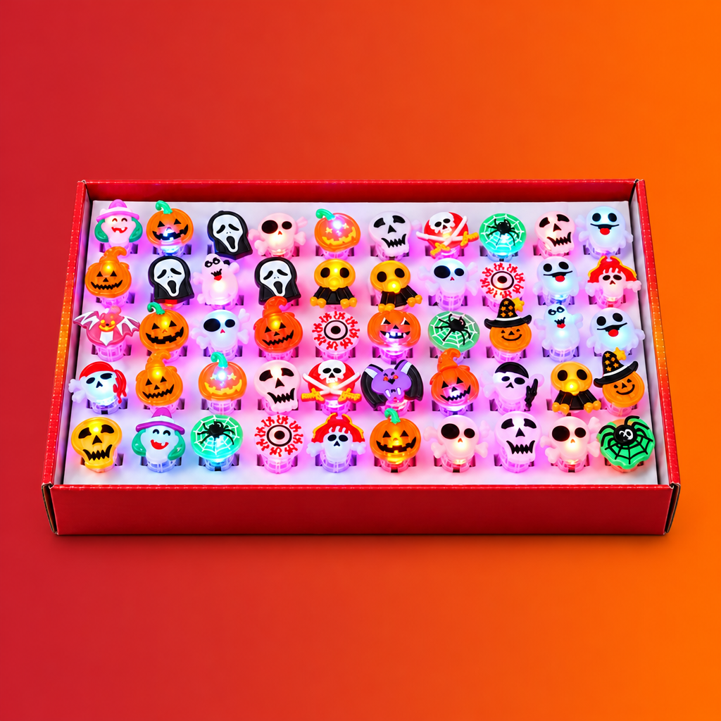 A red gift box filled with many small Halloween-themed glow-in-the-dark plastic charms or beads, arranged in rows on a bright orange background.