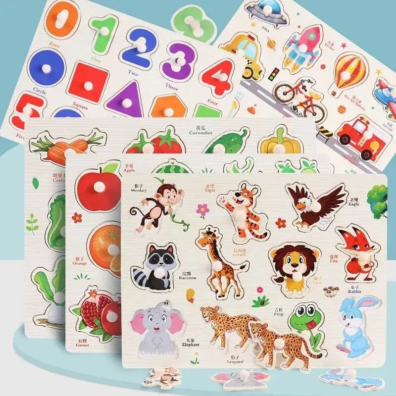 Colorful Montessori wooden puzzles featuring numbers, animals, and fruits with cartoon designs for toddlers.