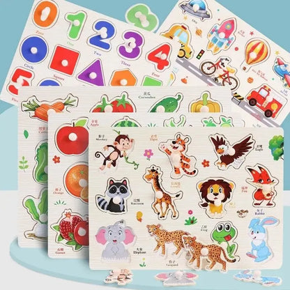 Colorful Montessori wooden puzzles featuring numbers, animals, and fruits with cartoon designs for toddlers.