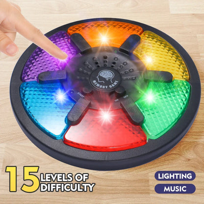 Handheld electronic memory game with colorful buttons, light effects, and sound features, designed for kids.