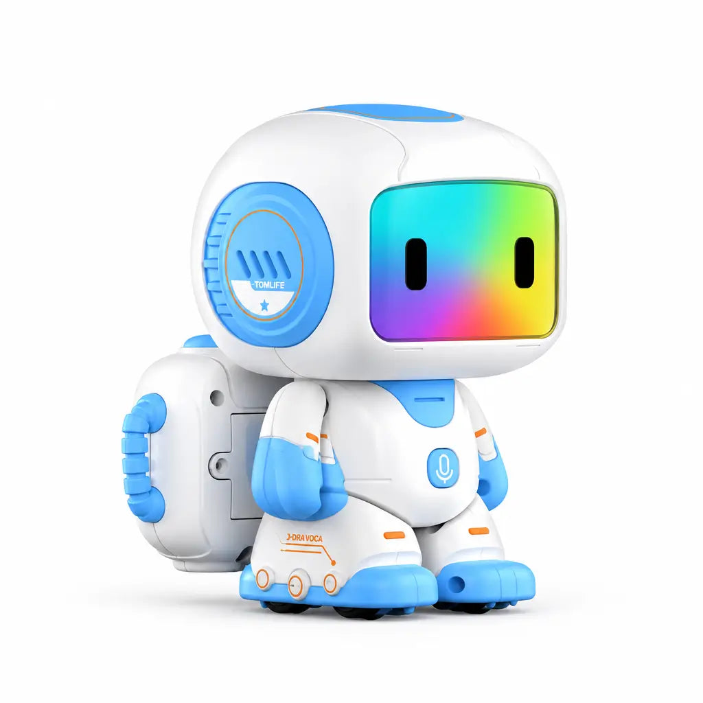 A colorful interactive robot toy with a white body and blue accents, featuring a rainbow display on its face.