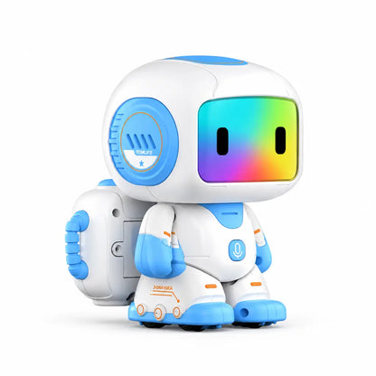 A colorful interactive robot toy with a white body and blue accents, featuring a rainbow display on its face.