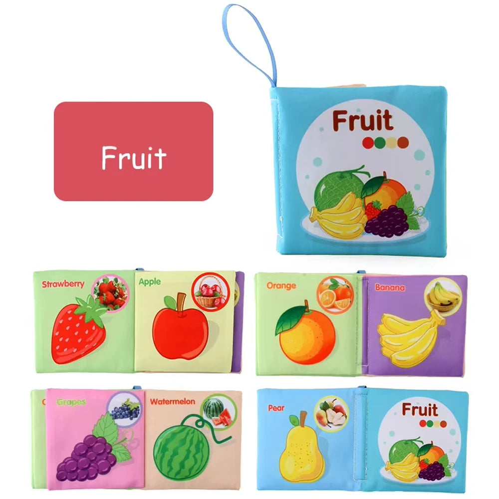 Colorful cloth book set featuring fruit illustrations, includes teething rings and multi-textured pages.
