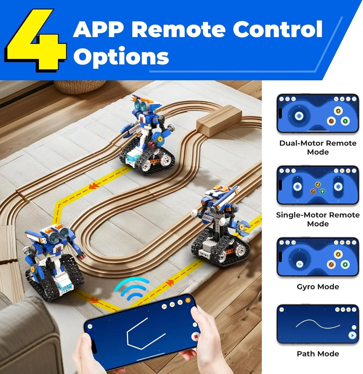 Two blue and white robot toys on a track, with a smartphone displaying remote control options beside them.