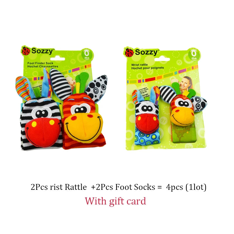 Four colorful animal-themed baby wrist rattles and socks with playful designs and bright patterns