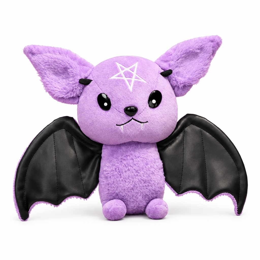 Purple bat plush toy with black wings in a woven basket against a blurred background