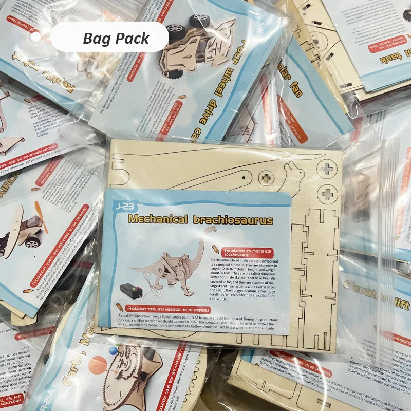 Wooden puzzle pieces and instruction cards for a mechanical brachiosaurus kit, colorful packaging visible.