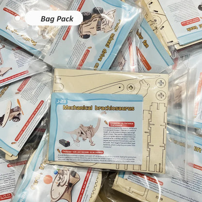 Wooden puzzle pieces and instruction cards for a mechanical brachiosaurus kit, colorful packaging visible.