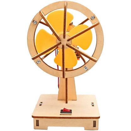 Wooden fan model with yellow blades, mounted on a base with a switch, designed for educational STEM projects.