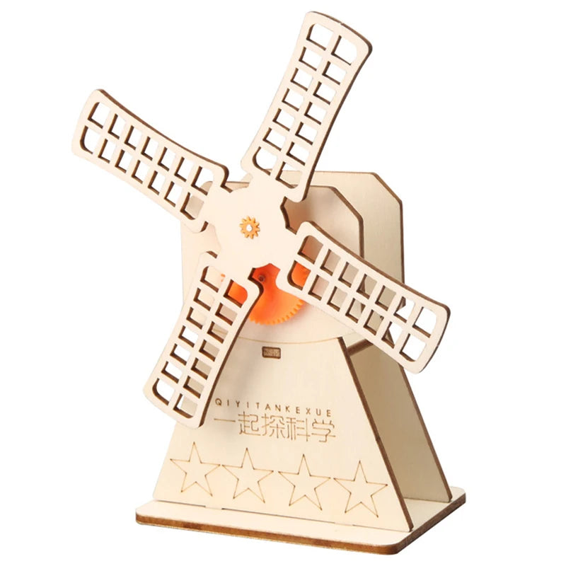 Wooden hand windmill toy with four blades, featuring a base with a star design and a central gear.