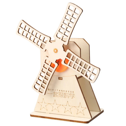 Wooden hand windmill toy with four blades, featuring a base with a star design and a central gear.