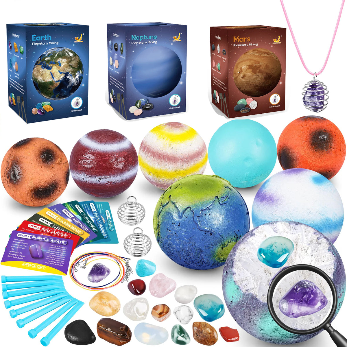 Colorful planet balls representing Earth, Mars, and Neptune with educational tools and gems for kids' exploration.