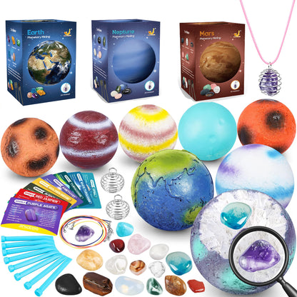 Colorful planet balls representing Earth, Mars, and Neptune with educational tools and gems for kids' exploration.