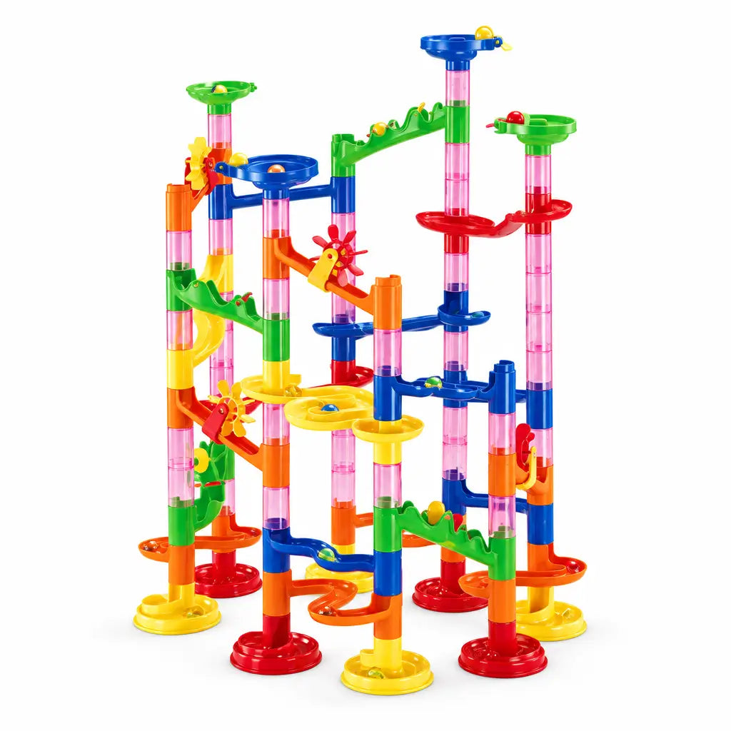 Colorful marble run toy set with intricate design on a white background
