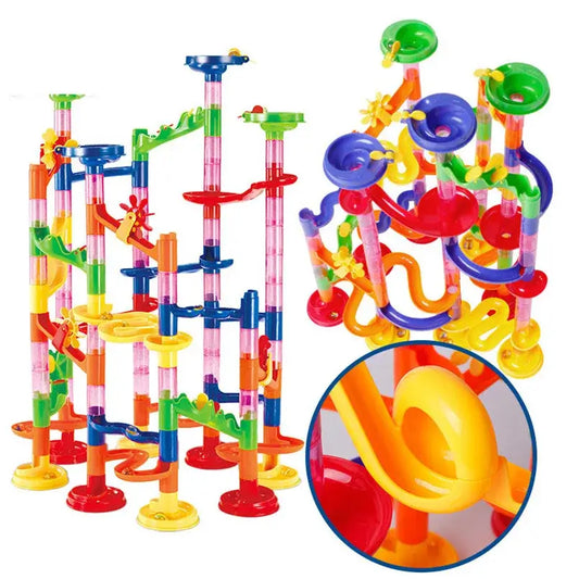 Colorful marble run track with various twists, turns, and loops, featuring red, yellow, green, and blue pieces.