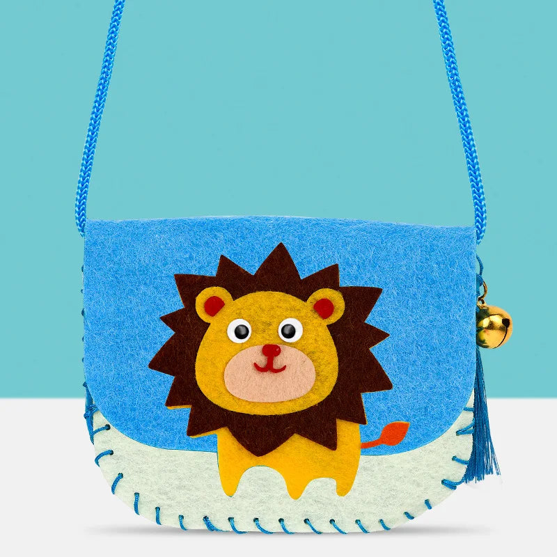 Blue felt shoulder bag with a lion design, featuring yellow and brown accents, and a blue strap.