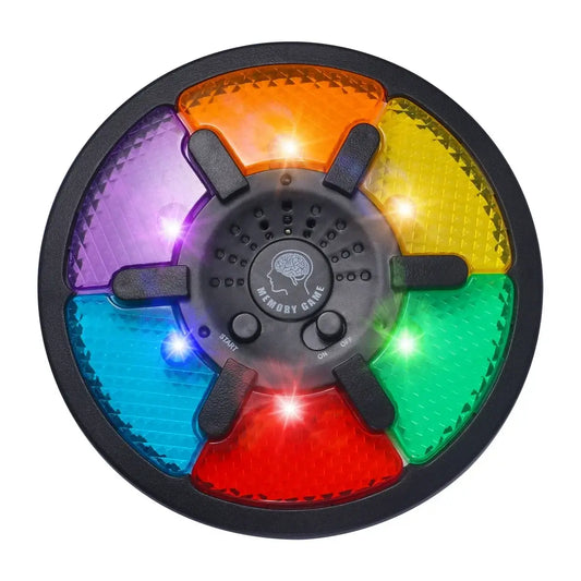 Handheld electronic memory game with colorful light-up buttons in purple, orange, yellow, green, and red.