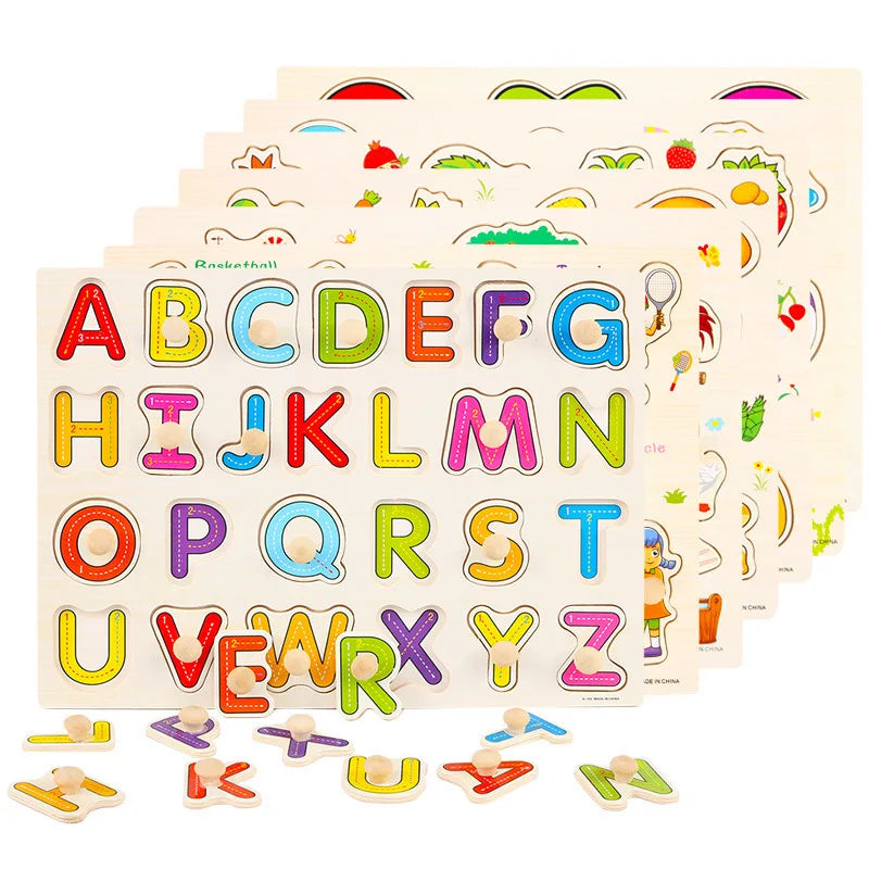 Colorful wooden puzzles featuring letters, animals, and fruits, designed for educational play for toddlers.