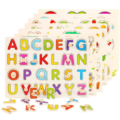 Colorful wooden puzzles featuring letters, animals, and fruits, designed for educational play for toddlers.
