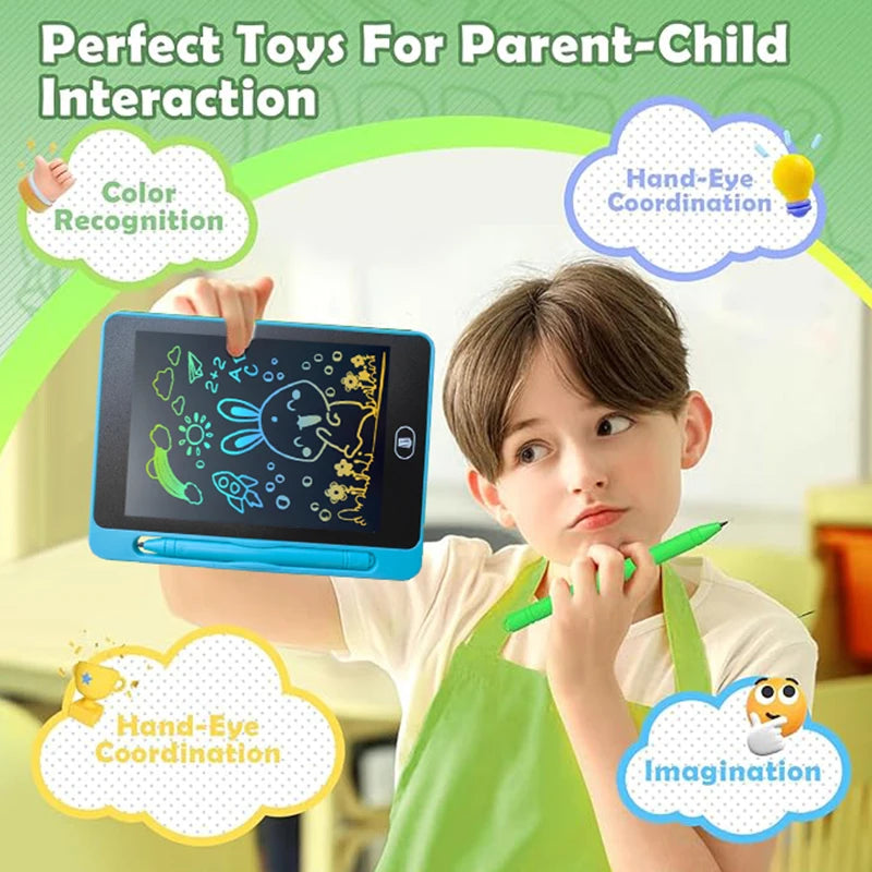 Child holding a colorful LCD writing tablet displaying a doodle of a bunny and flowers, with educational icons around.
