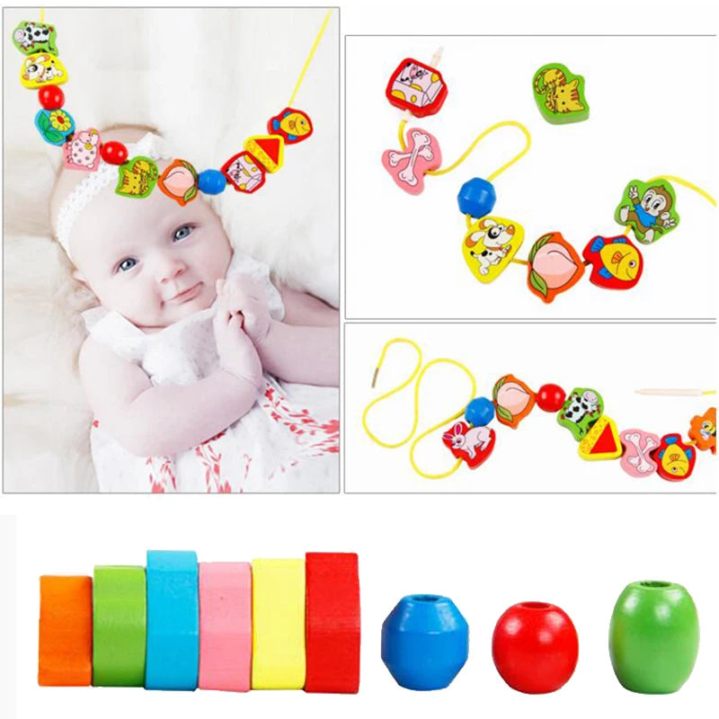 Colorful wooden beads in various shapes including fruits and animals, with a child threading them on a string.