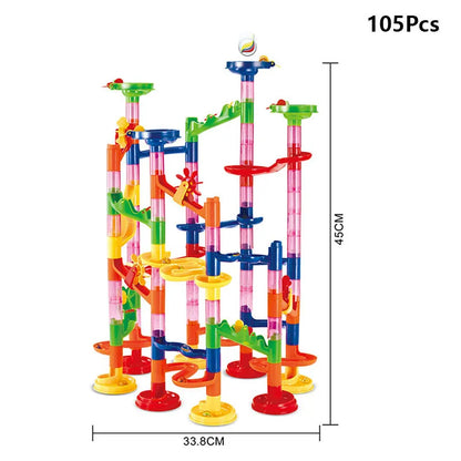 Colorful 3D marble run track with various levels, featuring towers, slides, and a ball rolling path, 105 pieces.