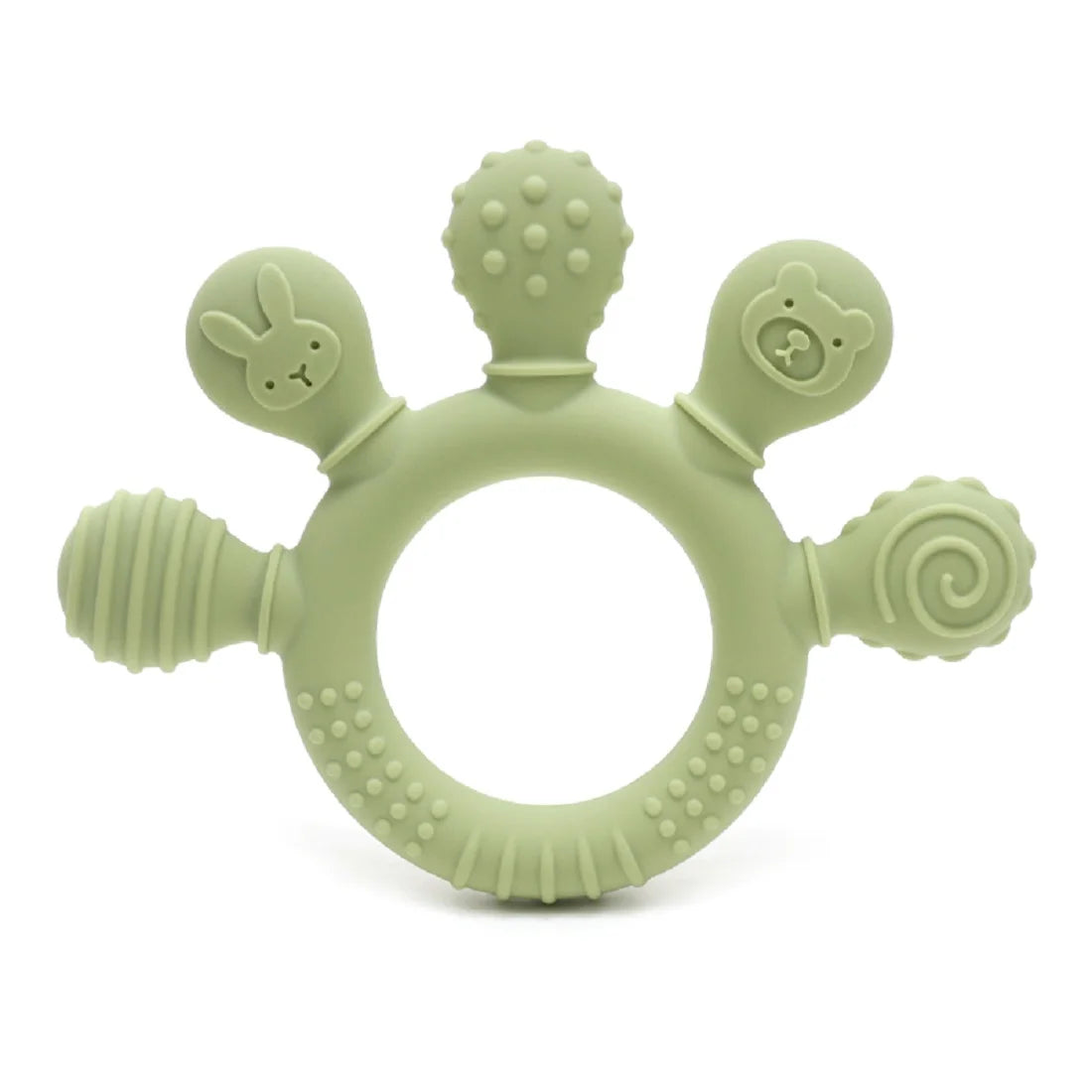 Light green silicone baby teether with various textured shapes including a bunny, bear, and spiral design.