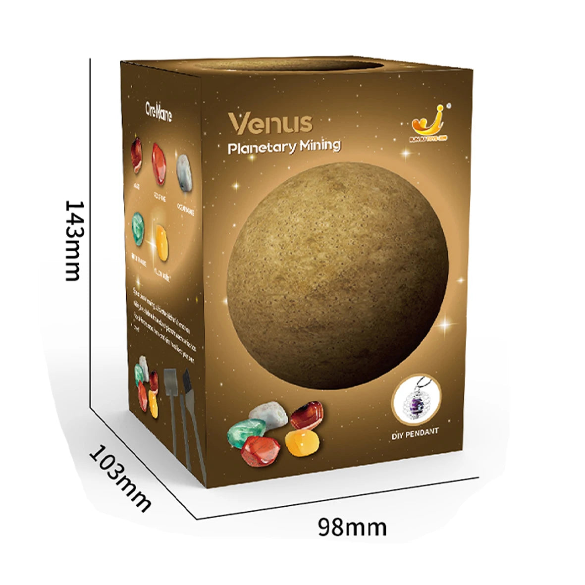 Box for Venus Planetary Mining toy featuring colorful gem illustrations and dimensions on the side.