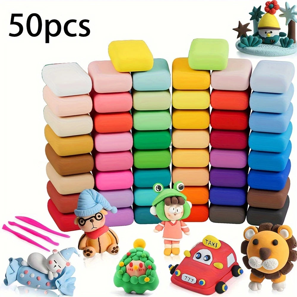 50 colorful air-dry clay pieces arranged in stacks with various cute animal figures and modeling tools.