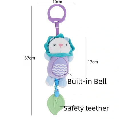 Soft stuffed animal rattle in lion shape with a built-in bell and safety teether, featuring pastel colors.