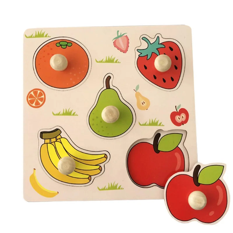 Wooden puzzle board featuring colorful fruit shapes like apples, bananas, strawberries, and oranges with knobs for easy