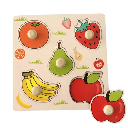 Wooden puzzle board featuring colorful fruit shapes like apples, bananas, strawberries, and oranges with knobs for easy