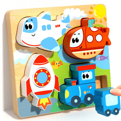 Wooden puzzle board featuring colorful shapes: airplane, submarine, rocket, and train, with a bright background.