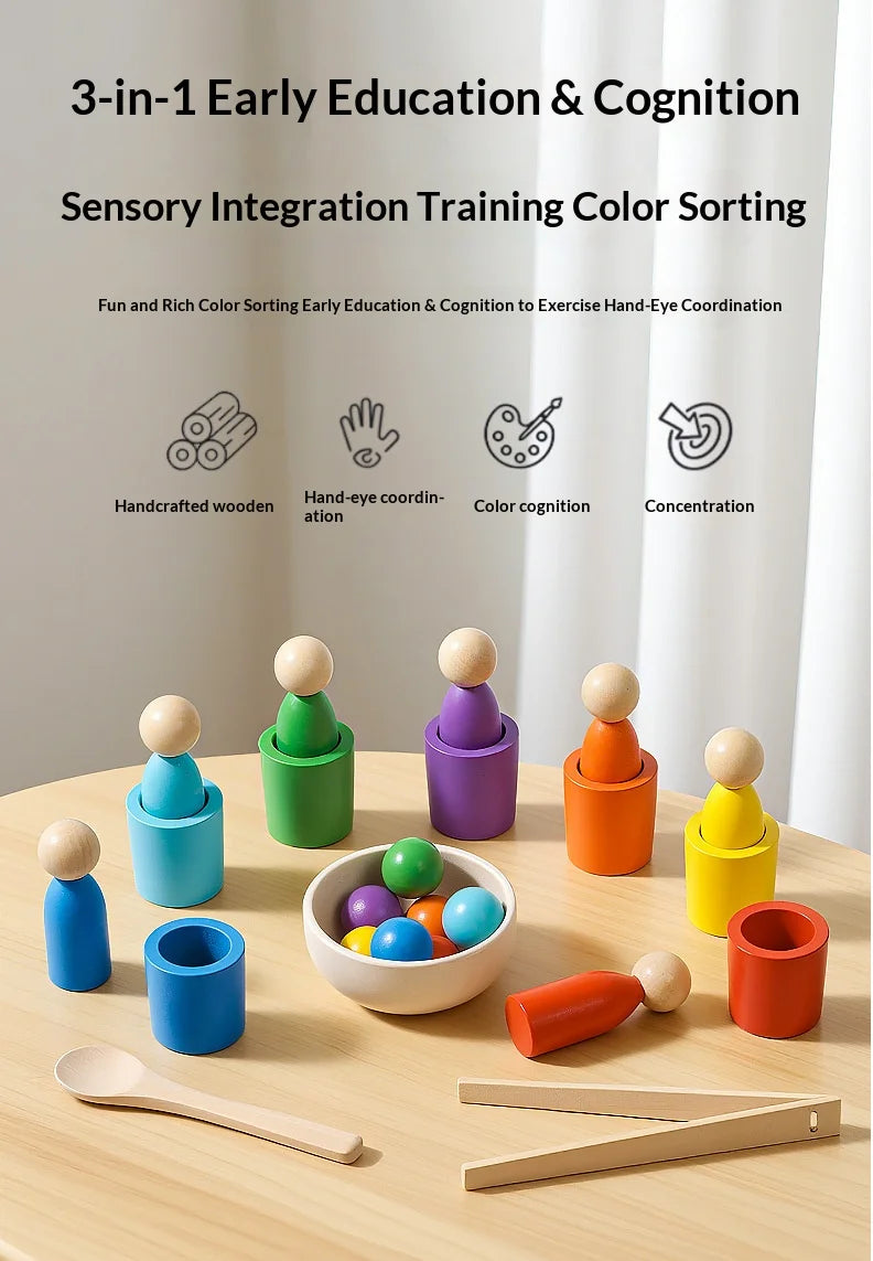 Colorful wooden sorting cups with matching figures and balls on a light wooden table, promoting cognitive skills.