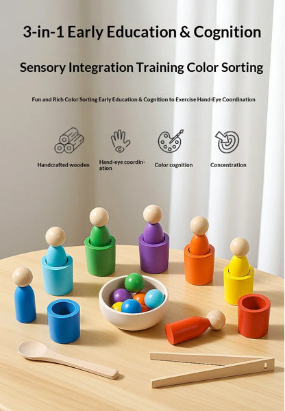 Colorful wooden sorting cups with matching figures and balls on a light wooden table, promoting cognitive skills.