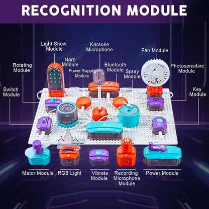 Colorful electronic building blocks with various modules including lights, microphones, and fans on a white base.