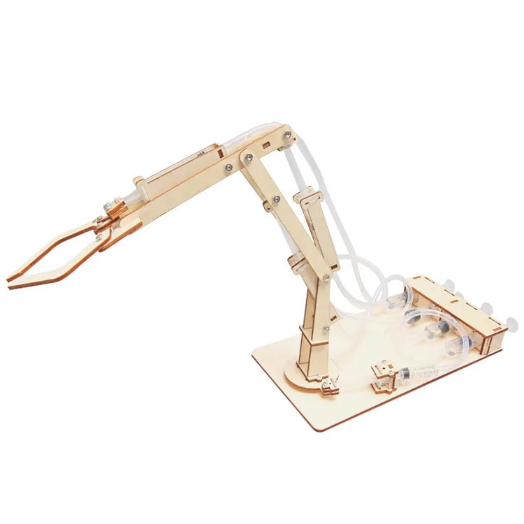 Mechanical arm toy with articulated joints and a claw, mounted on a base, designed for educational STEM projects.