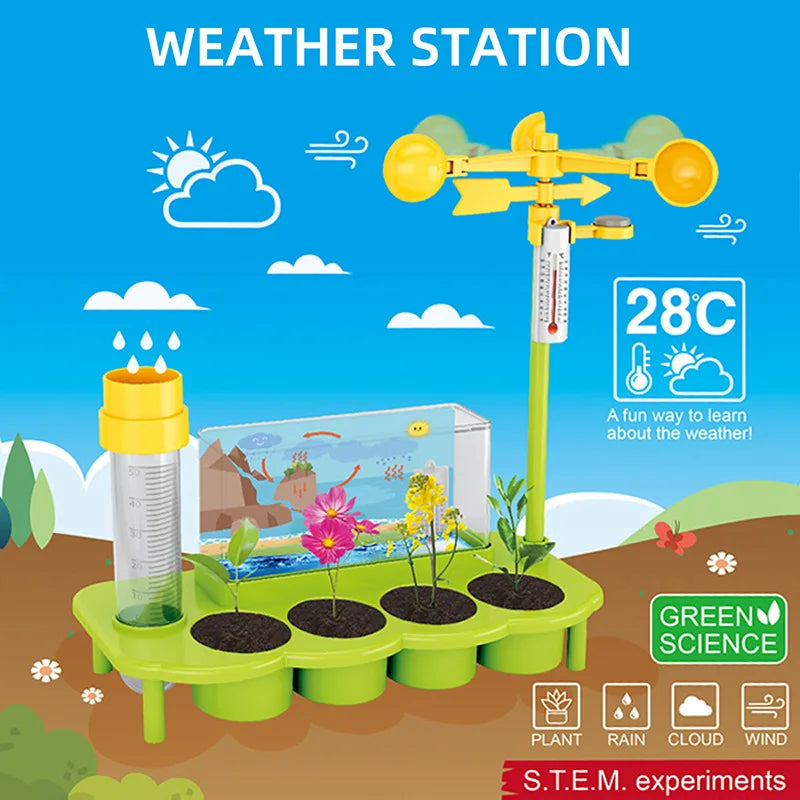 Colorful weather station model with a rain gauge, wind vane, and plant pots, set against a blue sky background.