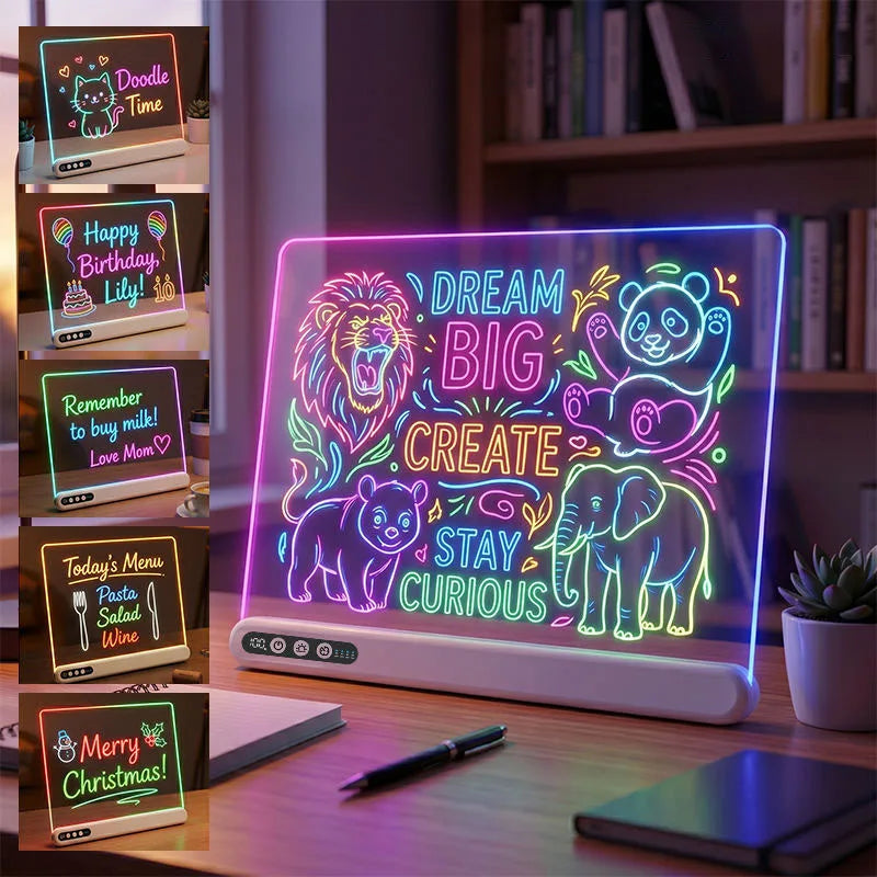 LED Drawing Board for Kids Rechargeable Light-Up Acrylic Neon Board with Timer and Built-in Stand Digital Battery