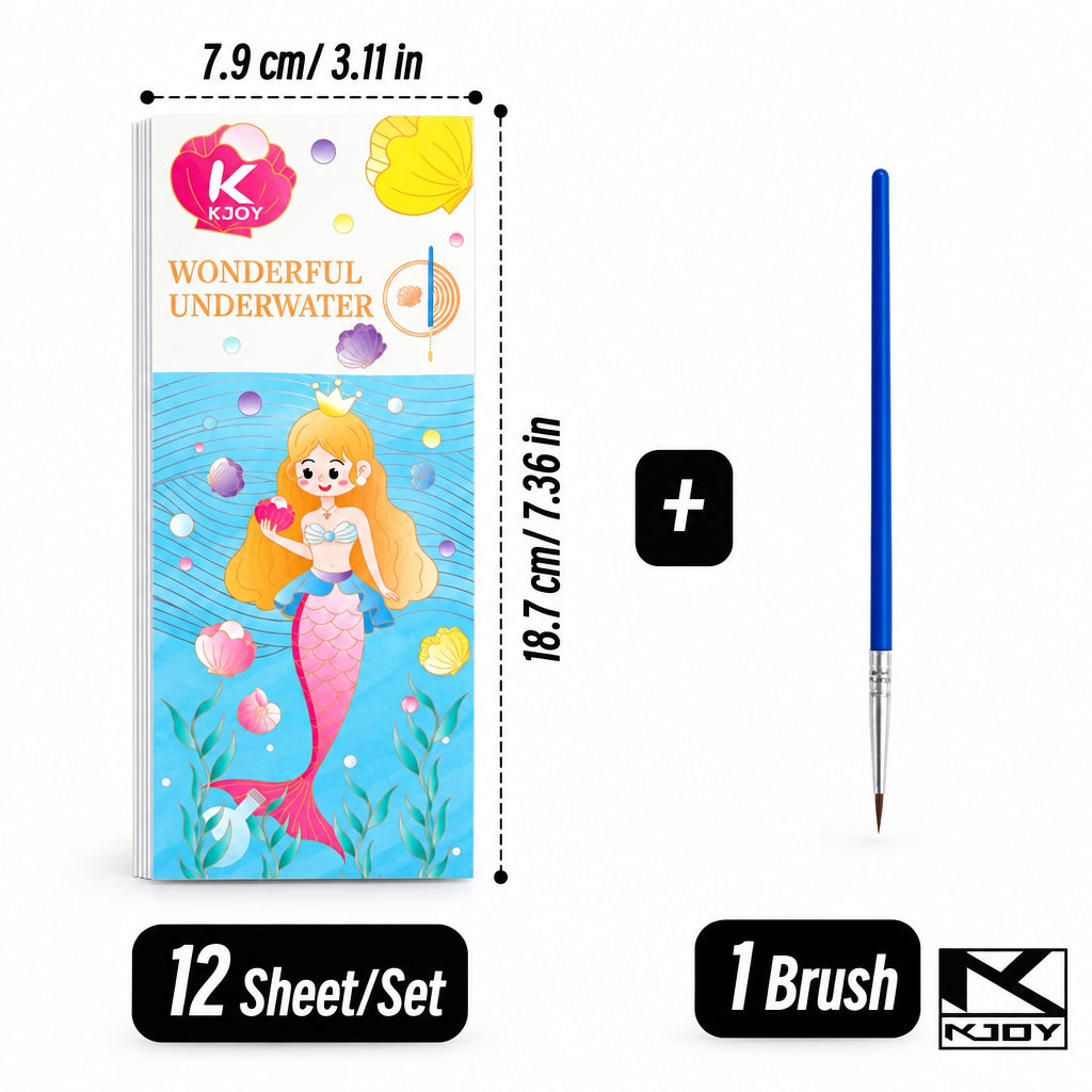 Watercolor painting book featuring a mermaid design, includes 12 sheets and a blue paintbrush.