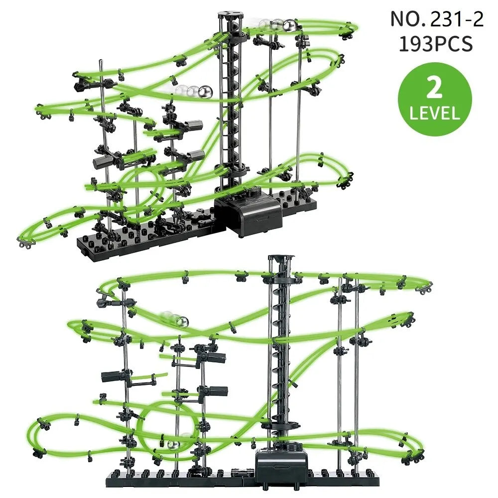 Two-level marble run maze with green tracks, black supports, and an electric elevator, featuring 193 pieces.