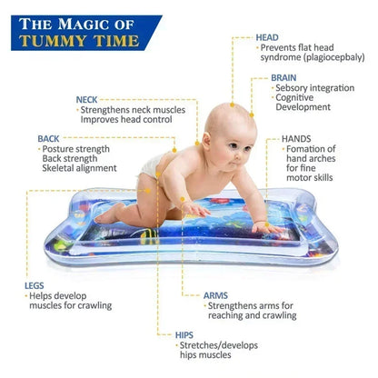 Inflatable baby water play mat with colorful underwater design, featuring a baby practicing tummy time on it.