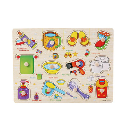 Wooden puzzle board featuring colorful household items like a toothbrush, slippers, and a wash basin for toddlers.