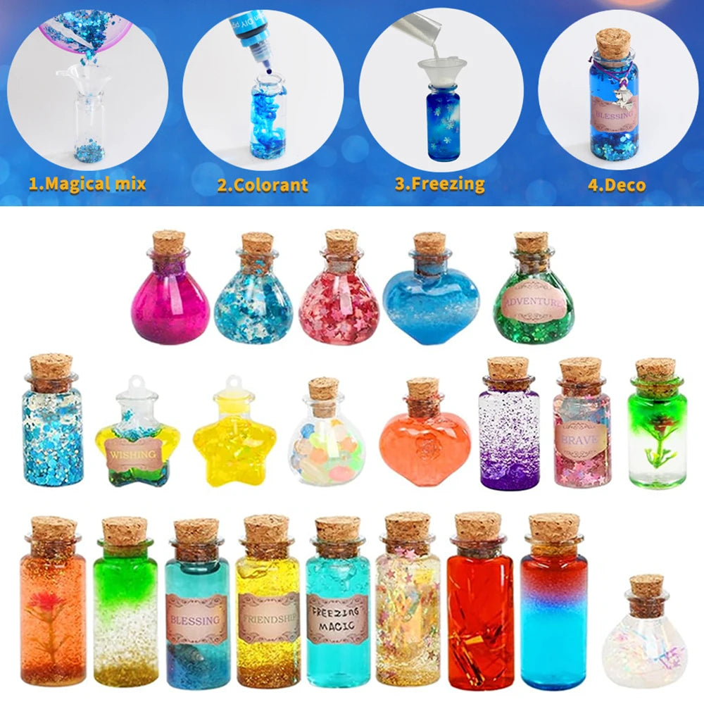 Colorful potion bottles in various shapes and sizes, filled with glitter, liquids, and decorative elements, 24 pieces.