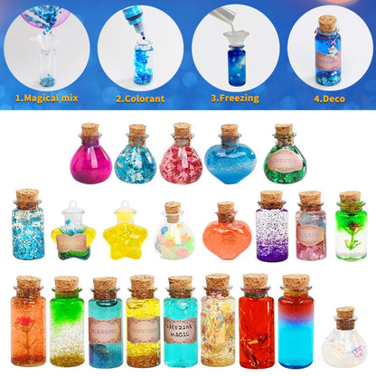 Colorful potion bottles in various shapes and sizes, filled with glitter, liquids, and decorative elements, 24 pieces.