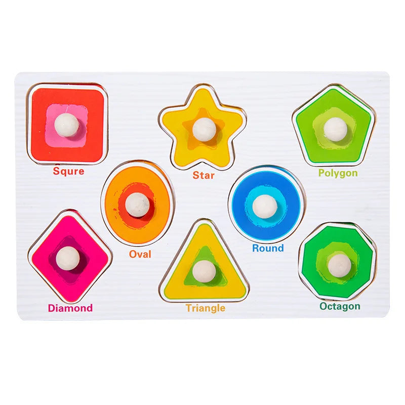 Wooden puzzle board with eight colorful geometric shapes including square, star, polygon, and octagon