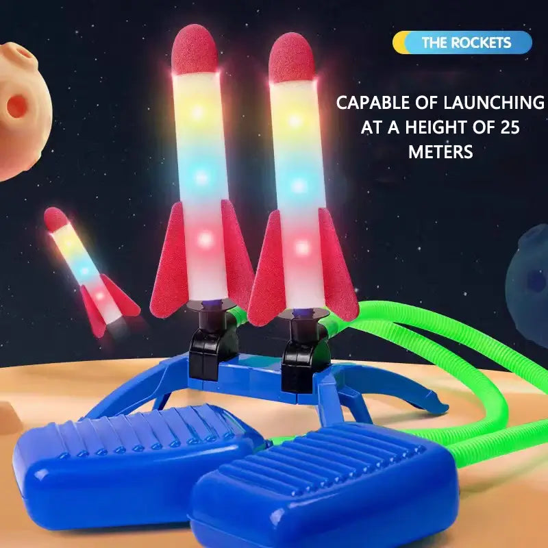 Colorful rocket launchers with foam tips and stomp pads, designed for outdoor play, set against a bright background.