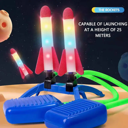 Colorful rocket launchers with foam tips and stomp pads, designed for outdoor play, set against a bright background.